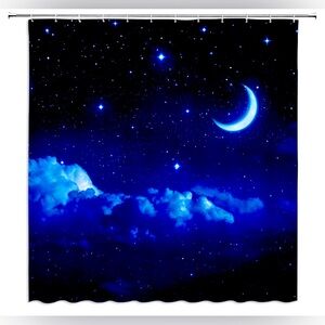 Moon & Star Night Sky Galaxy Shower Curtain - Dark Blue Navy Black - 70” x 70”